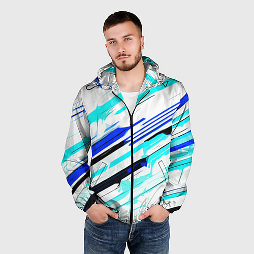 Мужская ветровка Чёрно-сине-голубые полосы на белом фоне / 3D-Черный – фото 3