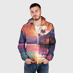 Ветровка с капюшоном мужская Летний домик пальмы закат, цвет: 3D-белый — фото 2