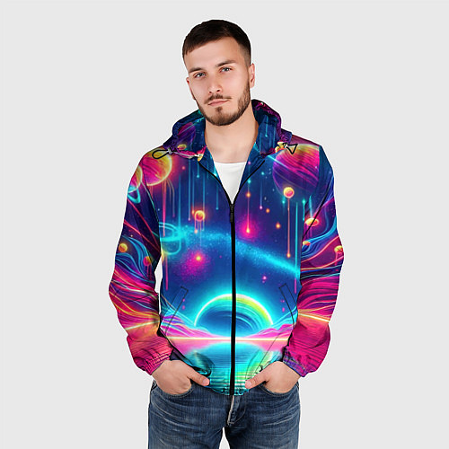 Мужская ветровка Неоновый космос - нейроарт фантазия / 3D-Черный – фото 3
