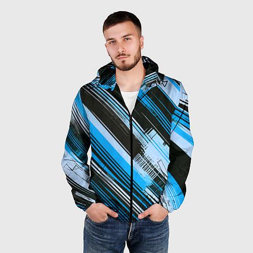 Мужская ветровка Синие диагональные полосы на чёрном фоне / 3D-Черный – фото 3