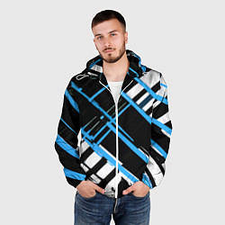 Ветровка с капюшоном мужская Сине-белые линии на чёрном фоне, цвет: 3D-белый — фото 2