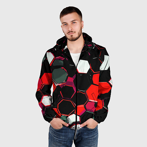 Мужская ветровка Красно-белые шестиугольники на чёрном фоне / 3D-Черный – фото 3
