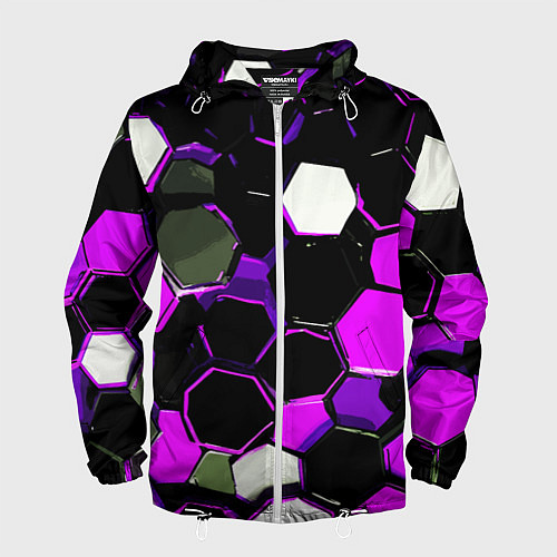 Мужская ветровка Розово-белые шестиугольники на чёрном фоне / 3D-Белый – фото 1