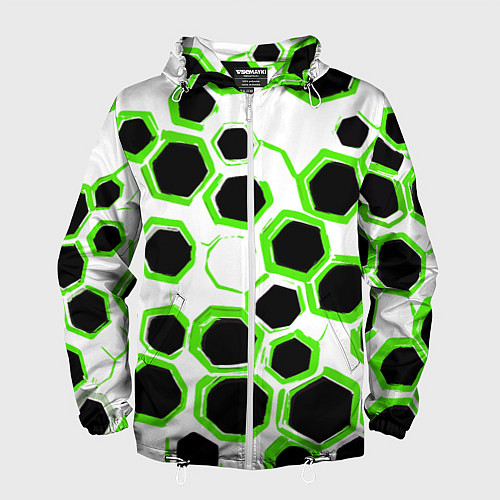 Мужская ветровка Чёрно-зелёные шестиугольники на белом фоне / 3D-Белый – фото 1