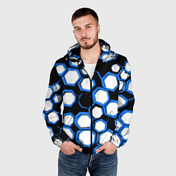 Ветровка с капюшоном мужская Бело-синие шестиугольники на чёрном фоне, цвет: 3D-черный — фото 2