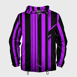 Ветровка с капюшоном мужская Толстые фиолетовые полосы на чёрном фоне, цвет: 3D-черный