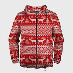 Ветровка с капюшоном мужская Вязаный новогодний орнамент с оленями и ёлками, цвет: 3D-черный