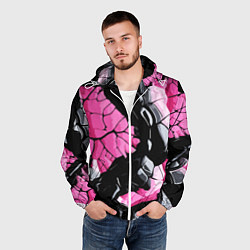 Ветровка с капюшоном мужская Чёрные линии на чёрно-розовом фоне, цвет: 3D-белый — фото 2