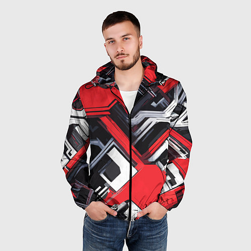 Мужская ветровка Красно-белый техно паттерн / 3D-Черный – фото 3