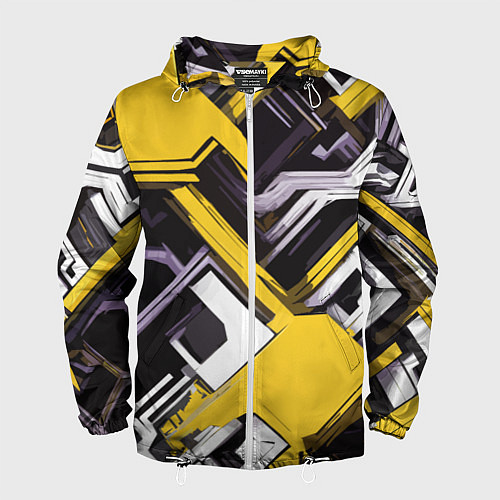 Мужская ветровка Бело-жёлтый техно паттерн на чёрном фоне / 3D-Белый – фото 1