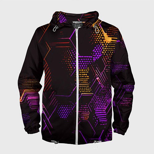 Мужская ветровка Жёлто-фиолетовые точки и линии на чёрном фоне / 3D-Белый – фото 1