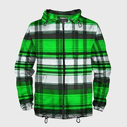 Ветровка с капюшоном мужская Зелёно-белая ткань в клетку, цвет: 3D-черный
