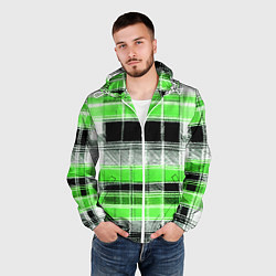 Ветровка с капюшоном мужская Белые полосы на чёрно-зелёном фоне, цвет: 3D-белый — фото 2