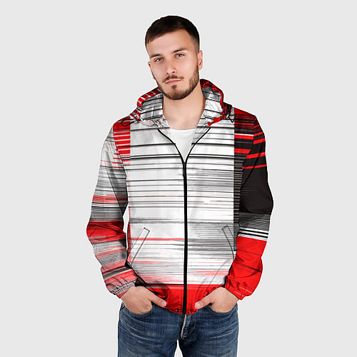 Мужская ветровка Чёрные вертикальные полосы на красно-белом фоне / 3D-Черный – фото 3