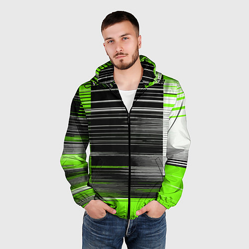 Мужская ветровка Белые вертикальные полосы на чёрно-зелёном фоне / 3D-Черный – фото 3