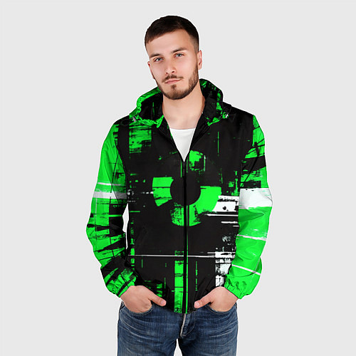 Мужская ветровка Зелёно-белый гранж на чёрном фоне / 3D-Черный – фото 3