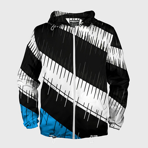 Мужская ветровка Диагональные чёрно-белые полосы на синем фоне / 3D-Белый – фото 1