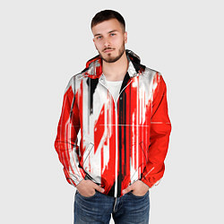 Ветровка с капюшоном мужская Вертикальные чёрно-белые линии на красном фоне, цвет: 3D-белый — фото 2