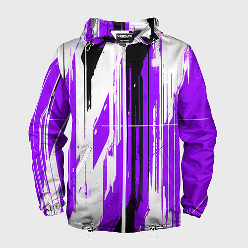 Мужская ветровка Вертикальные чёрно-белые линии на фиолетовом фоне / 3D-Белый – фото 1