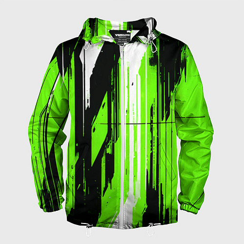 Мужская ветровка Вертикальные чёрно-белые линии на зелёном фоне / 3D-Белый – фото 1