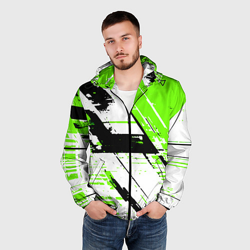Мужская ветровка Diagonal black and green stripes on a white backgr / 3D-Черный – фото 3