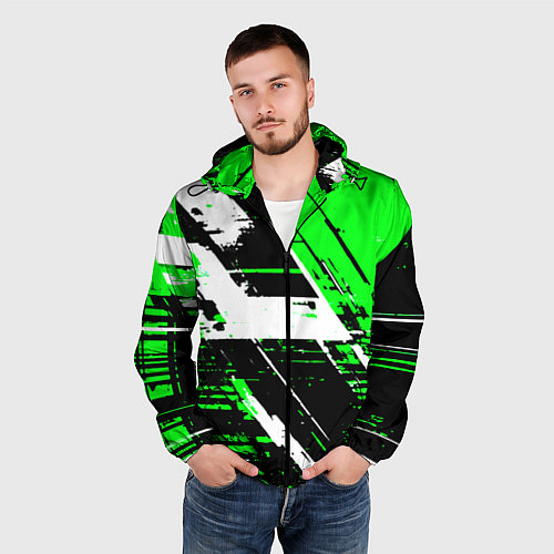 Мужская ветровка Diagonal black and white stripes on a green backgr / 3D-Черный – фото 3