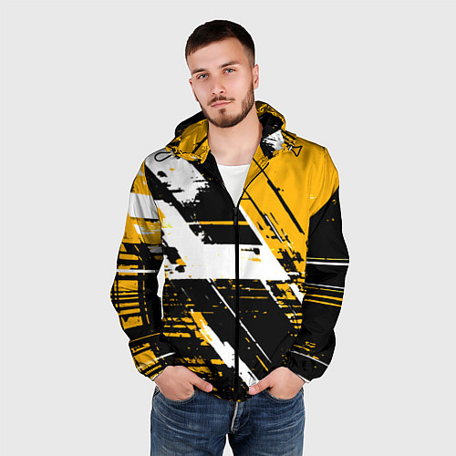 Мужская ветровка Diagonal black and white stripes on a yellow backg / 3D-Черный – фото 3