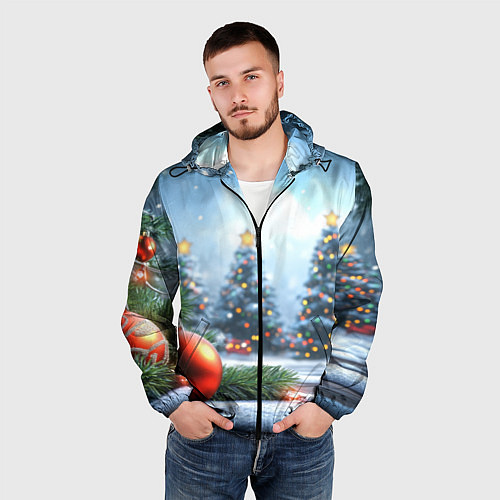 Мужская ветровка Новогодние елки и шар / 3D-Черный – фото 3
