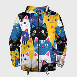Ветровка с капюшоном мужская Много цветных котиков, цвет: 3D-черный