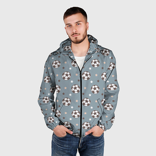 Мужская ветровка Футбольные мячи и звезды на голубом / 3D-Черный – фото 3