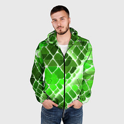 Ветровка с капюшоном мужская Зелёные рельефные плитки и белое свечение, цвет: 3D-черный — фото 2