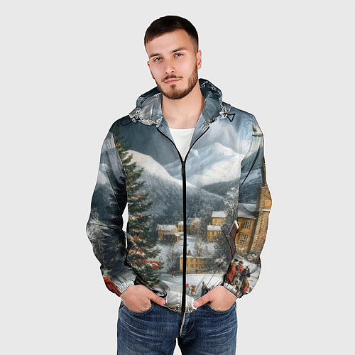 Мужская ветровка Новогодняя огромная елка и маленькие домики / 3D-Черный – фото 3