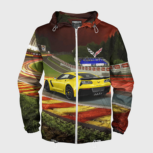 Мужская ветровка Chevrolet Corvette на гоночной трассе / 3D-Белый – фото 1