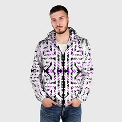 Ветровка с капюшоном мужская Чёрно-фиолетовые диагональные полосы на белом фоне, цвет: 3D-черный — фото 2