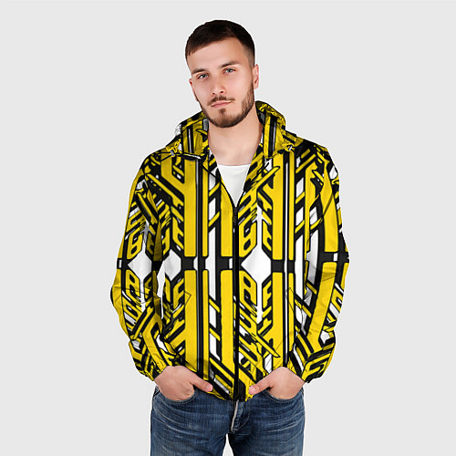 Мужская ветровка Чёрно-жёлтые техно полосы на белом фоне / 3D-Черный – фото 3