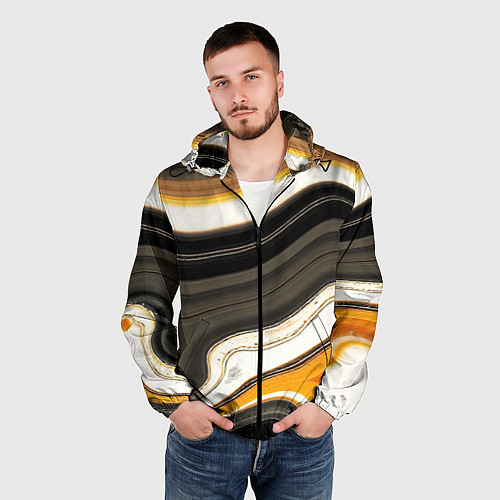 Мужская ветровка Волнистые чёрно-жёлтые полосы на белом фоне / 3D-Черный – фото 3