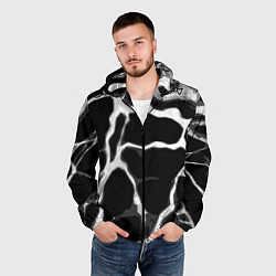 Ветровка с капюшоном мужская Белые абстрактные полосы на чёрном фоне, цвет: 3D-черный — фото 2