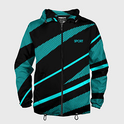 Мужская ветровка Sport чёрный и неоновый голубой абстракция с полос