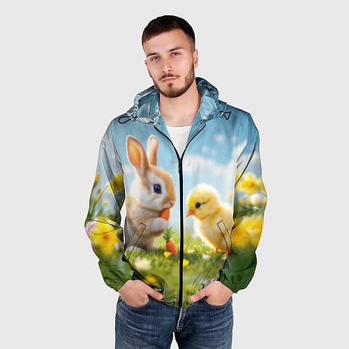 Мужская ветровка Кролик и цыпленок встречают Пасху / 3D-Черный – фото 3
