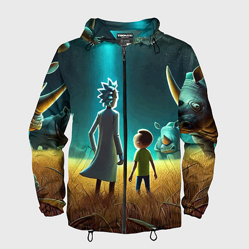 Мужская ветровка Морти и Рик на планете носорогов - неоновое свечен / 3D-Черный – фото 1