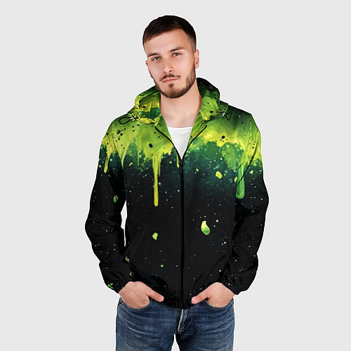 Мужская ветровка Зеленая стекающая краска по черному фону / 3D-Черный – фото 3