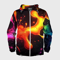 Ветровка с капюшоном мужская Радужные кляксы на черном фоне, цвет: 3D-белый