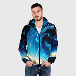 Ветровка с капюшоном мужская Бело-синее пламя из абстрактных красок, цвет: 3D-черный — фото 2