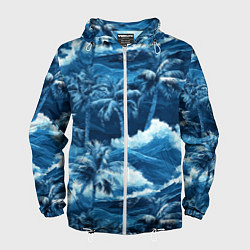 Ветровка с капюшоном мужская Пальмы и волны - голубые оттенки паттерн, цвет: 3D-белый