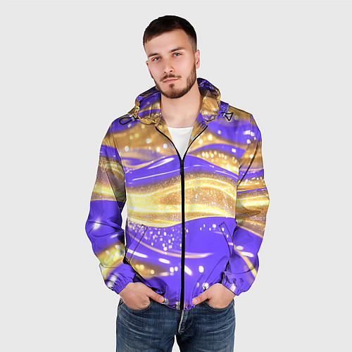 Мужская ветровка Фиолетово-золотая жидкая текстура / 3D-Черный – фото 3