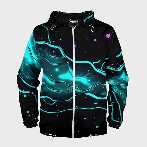 Мужская ветровка Голубые неоновые волны текстура / 3D-Белый – фото 1