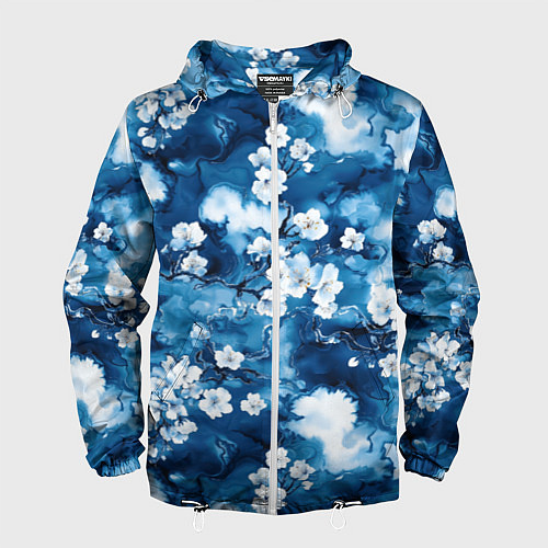 Мужская ветровка Цветы белой сакуры - паттерн на синем фоне / 3D-Белый – фото 1