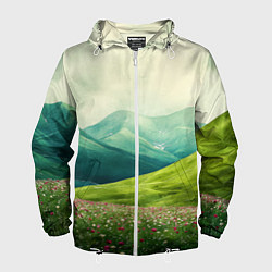 Мужская ветровка Горы и поле с цветами - зеленый пейзаж