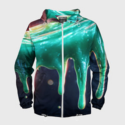 Ветровка с капюшоном мужская Текстура стекающая зеленая клякса, цвет: 3D-белый