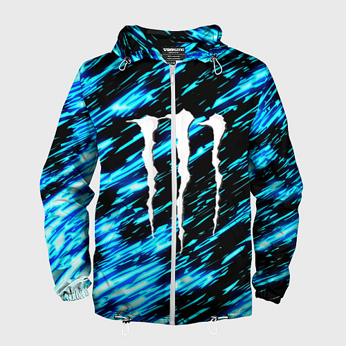 Мужская ветровка Monster energy штрихи голубых неоновых красок / 3D-Белый – фото 1